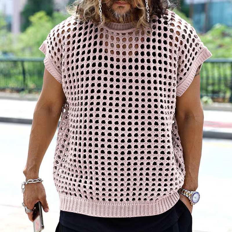 Men's Tank Tops Vintage Hollow Out Sleeveless Knit T Shirt Mens Summer Fashion Solid Loose O Neck Sleeveless Knitting Tank Tops Streetwear 230531