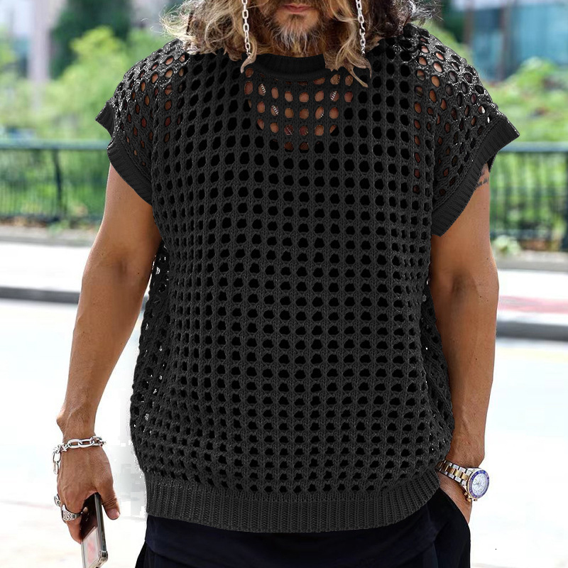 Men's Tank Tops Vintage Hollow Out Sleeveless Knit T Shirt Mens Summer Fashion Solid Loose O Neck Sleeveless Knitting Tank Tops Streetwear 230531