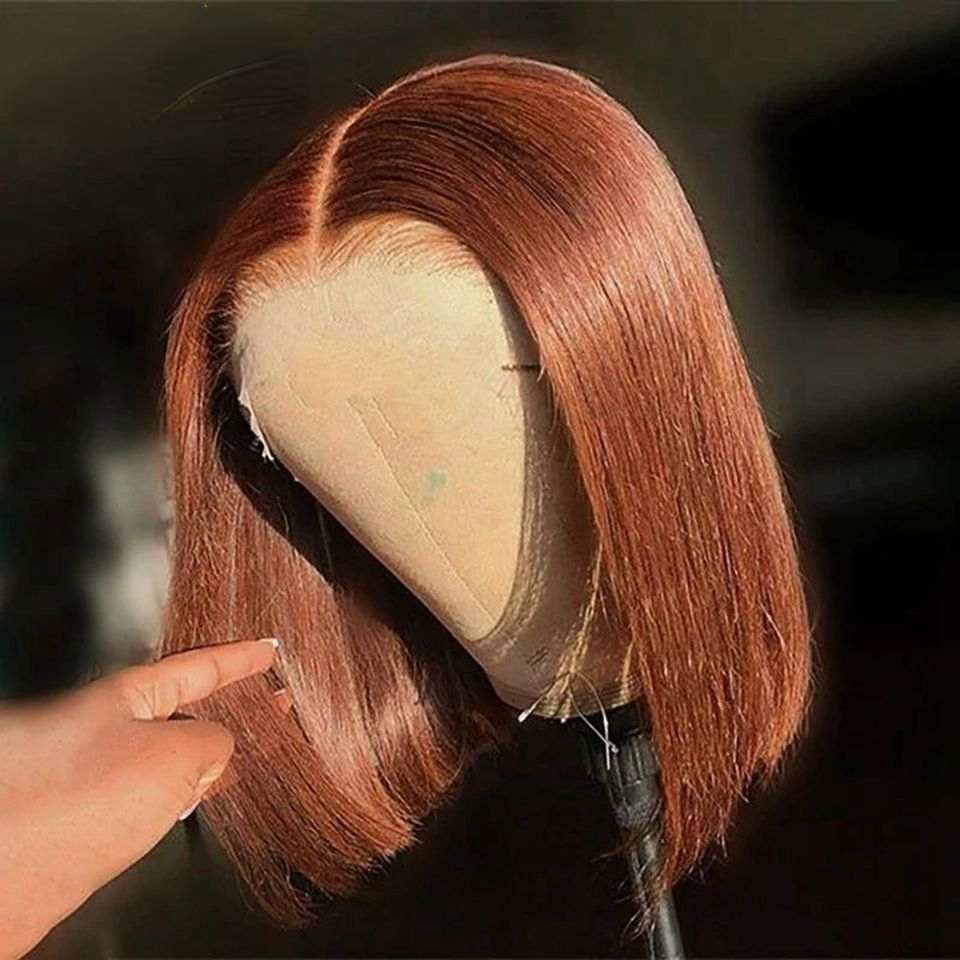 Free shipping Brown Color 13X4 Front Bob HD Transparent Lace Frontal Human Wigs Pre Plucked Baby Hair Short Synthetic Wig For Women