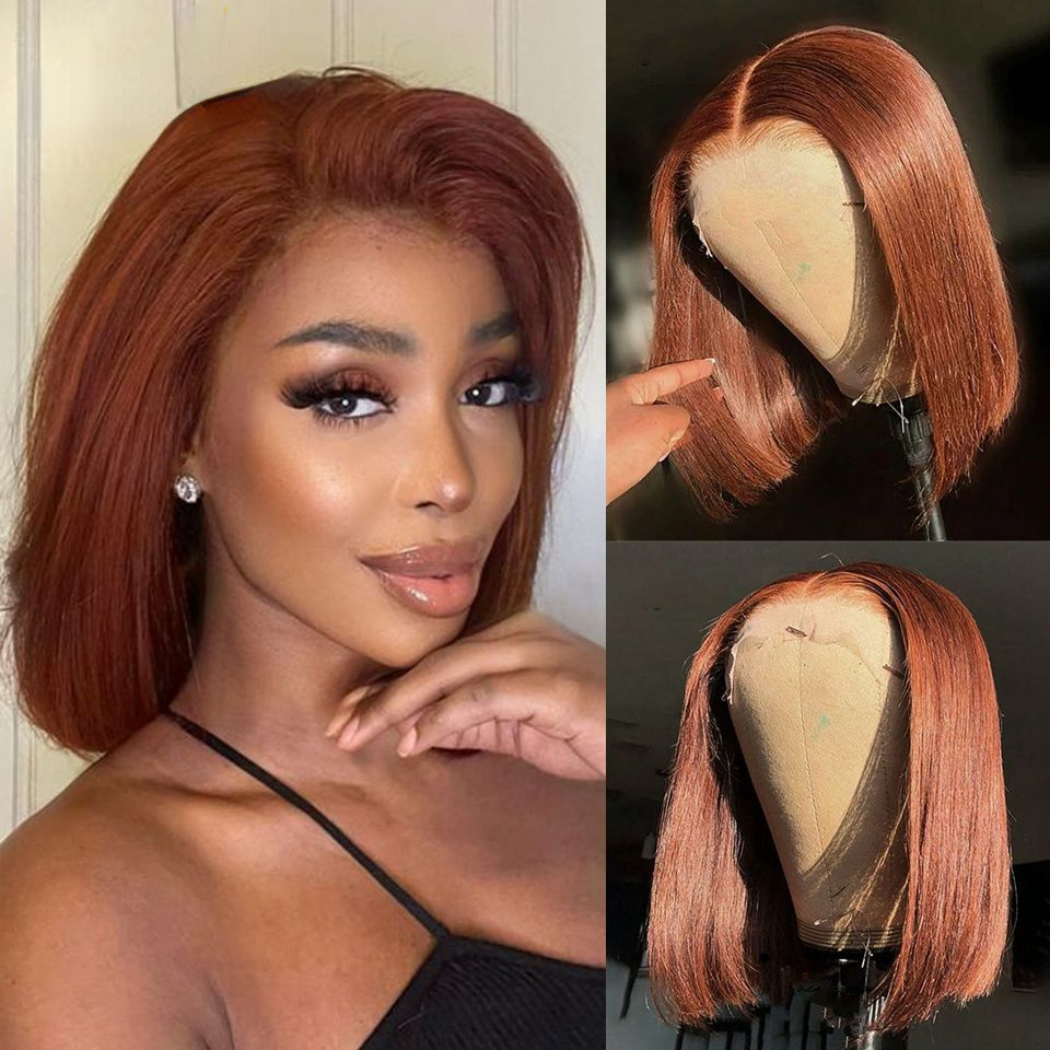 Free shipping Brown Color 13X4 Front Bob HD Transparent Lace Frontal Human Wigs Pre Plucked Baby Hair Short Synthetic Wig For Women