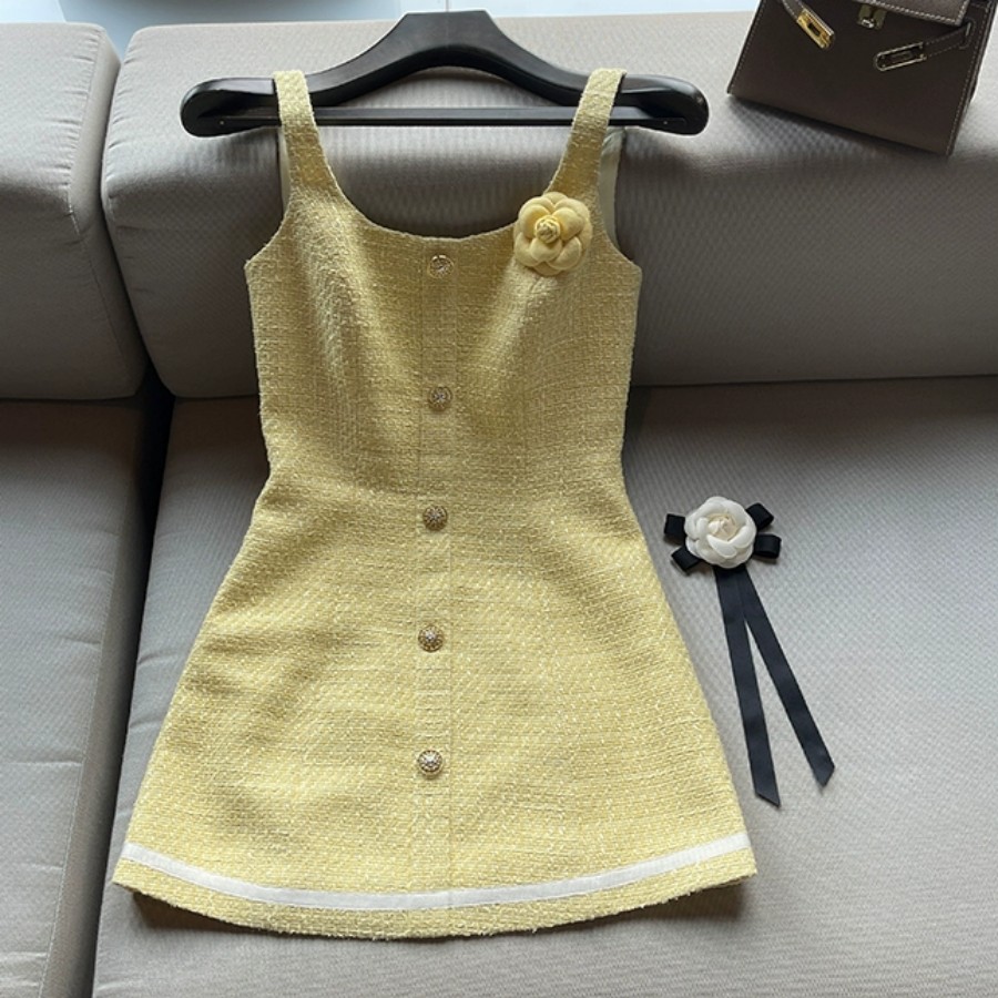 Women's new sleeveless tweed flower mosaic yellow color slim waist casual desinger dress SML