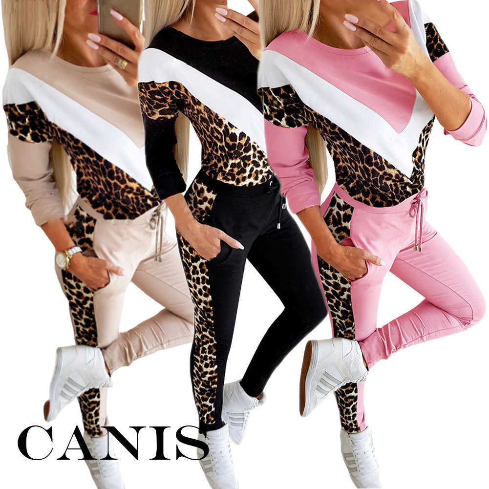 tracksuits 2pcs track and field suit sportswear fashion leopard panel sweatshirt pullovers drstring pants womens running set p230531