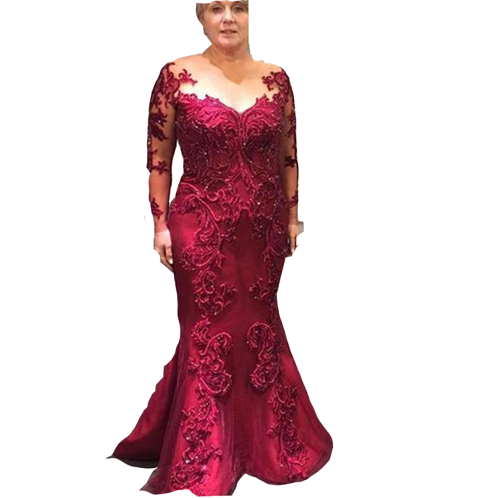 Sexy Mother Of The Bride Dresses Dark Red Mermaid Jewel Neck Illusion Long Sleeves Lace Appliques Crystal Beads Party Evening Wedding Guest Gowns