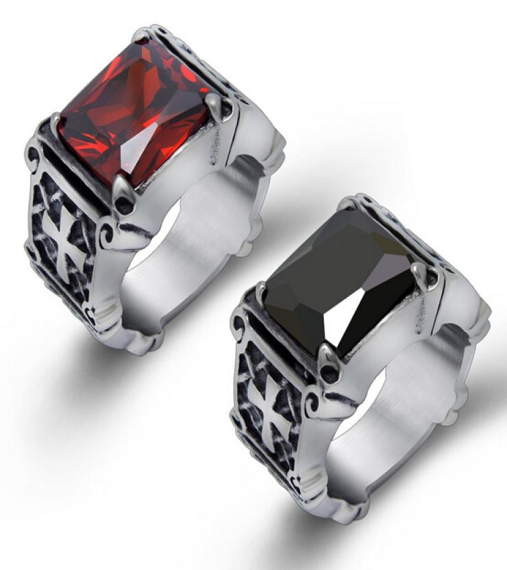 High Quality Fashion Hiphop Red / Black Big Rhinestone Stone Biker Mens Silver Stainless Steel Punk design Ring 7-12#