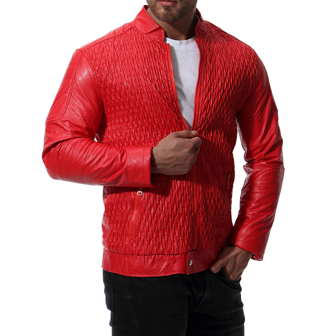 Casual plus size men polyester stand collar zipper red leather biker jacket