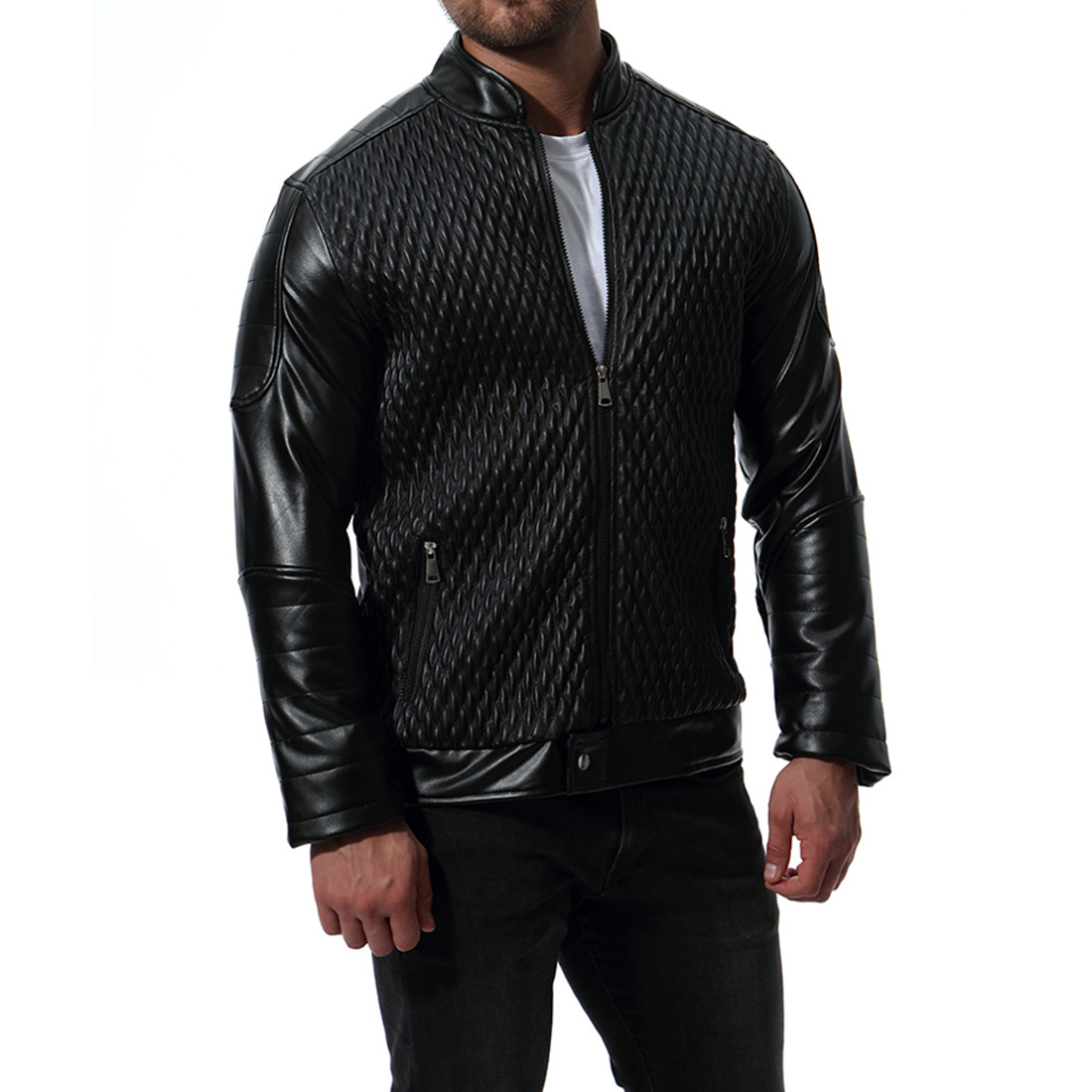 Casual plus size men polyester stand collar zipper red leather biker jacket