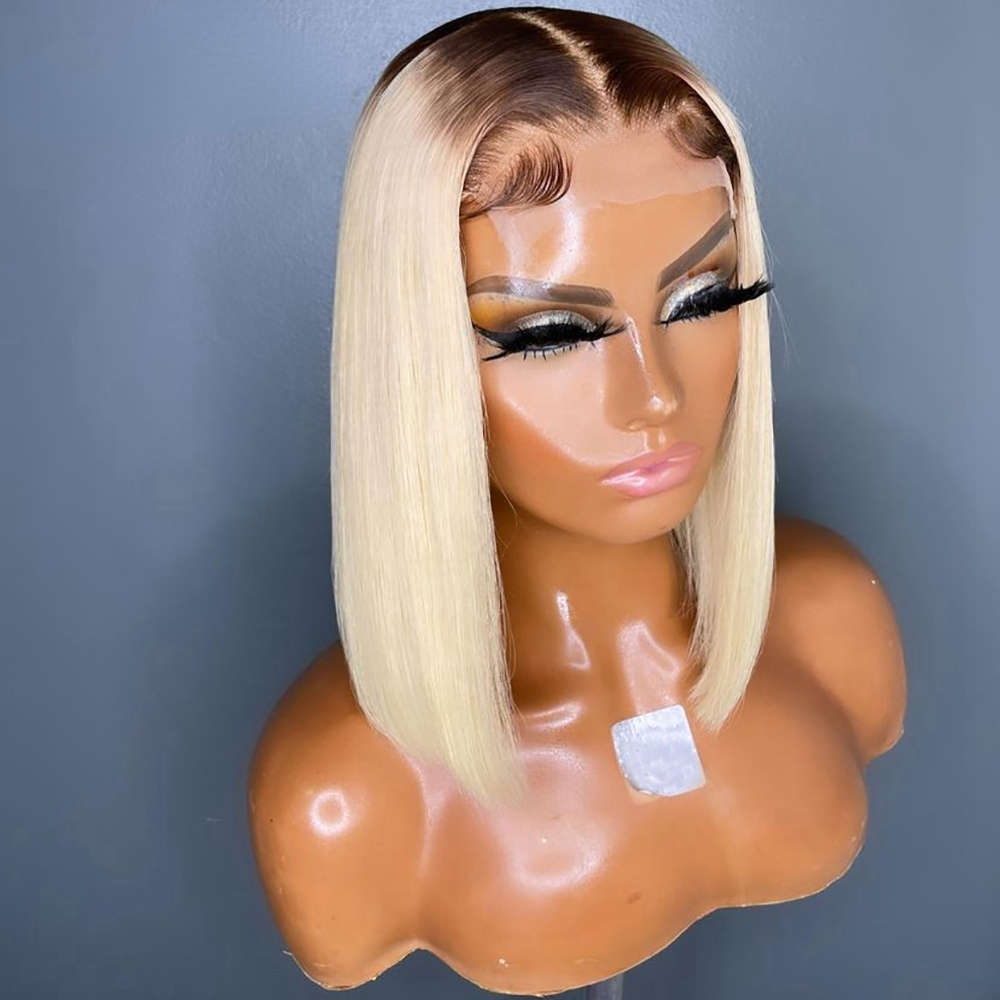 Peruvian Hair Ash Blonde Bob Lace Front Wigs For Women 180density Full Short Bob Lace Frontal Wig Ombre Synthetic Closure Wig