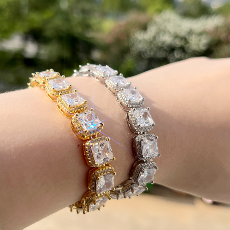 Gold Plated Sparking Cz Cluster Cubic Zirconia Tennis Chain Bracelet Iced Out Bling Cz Charm Hip Hop Jewelry Gifts