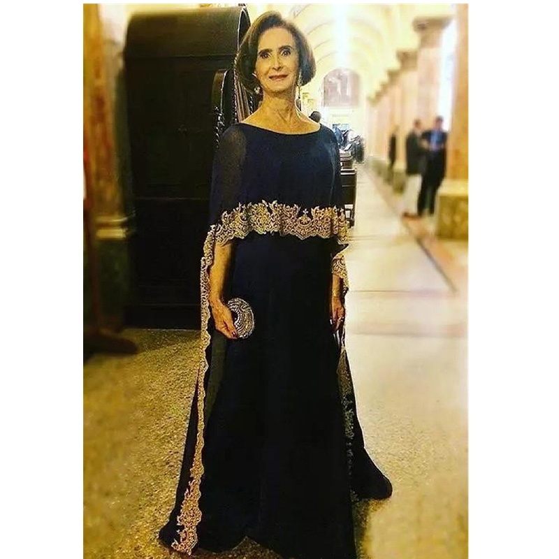 Elegant Arabic Cape Sleeve Mother Of The Bride Dresses Black A Line Plus Size Wedding Guest Gowns Gold Lace Appliqued Long Godmother Formal Dress