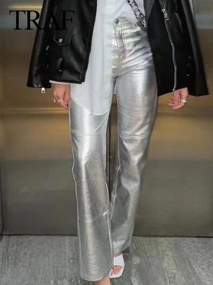 Women s Pants s TRAF 2023 Autumn Women Elegant HIgh Waist Silver Solid Wide Leg With Pocket Pant Woman Fashion Shiny Casual Loose 231201
