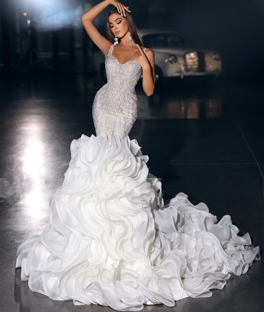 Mermaid 2024 Fashion Wedding Dress Beading Embroidery Lace Spaghetti Straps Tiered Organza Women Bridal Gowns Vestido De Novia