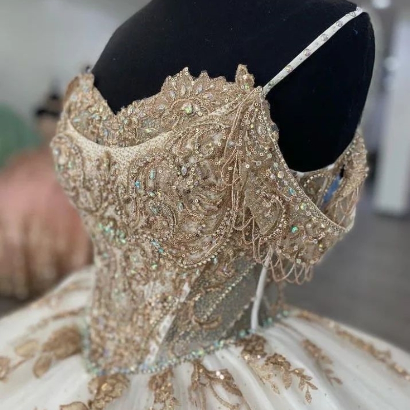 Champagne Ball Gown Quinceanera Dresses 2025 Applique Lace Sequins Beading Sweet 15 16 Dress Corset vestidos de 15 anos
