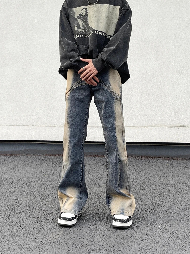Men s Jeans Street Wear Irregular Patchwork Washed Vintage Distressed Slim Micro Flared Denim Pants Y2k Water Dyeing Horn Jean Hip Hop 231201