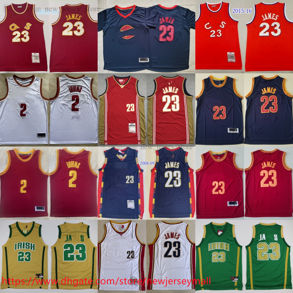 Throwback Lebron 2015-16 Basketball 23 James Jersey Classic Vintage Red 2 Kyrie Irving Jersey Retro High School James Breathable Sports Shirts 2008-09 Blue