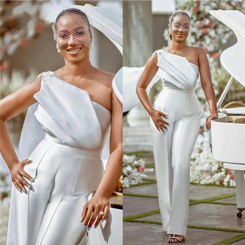 African White Jumpsuits Wedding Dress 2024 One-Shoulder Satin Bride Reception Jumpsuit Women Pant Suits Vestido De Noiva