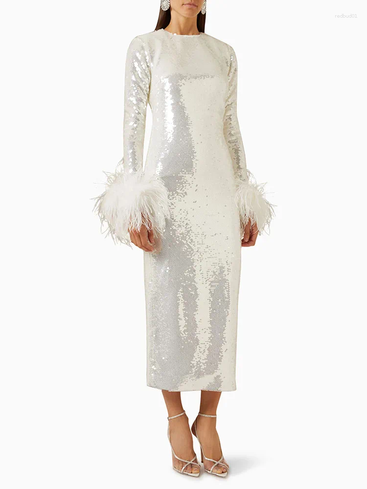 Casual Dresses Women O Neck Long Sleeve Luxury Sequin Feather Midi Dress Elegant Celebrity White Sequinned Bodycon Evening Part
