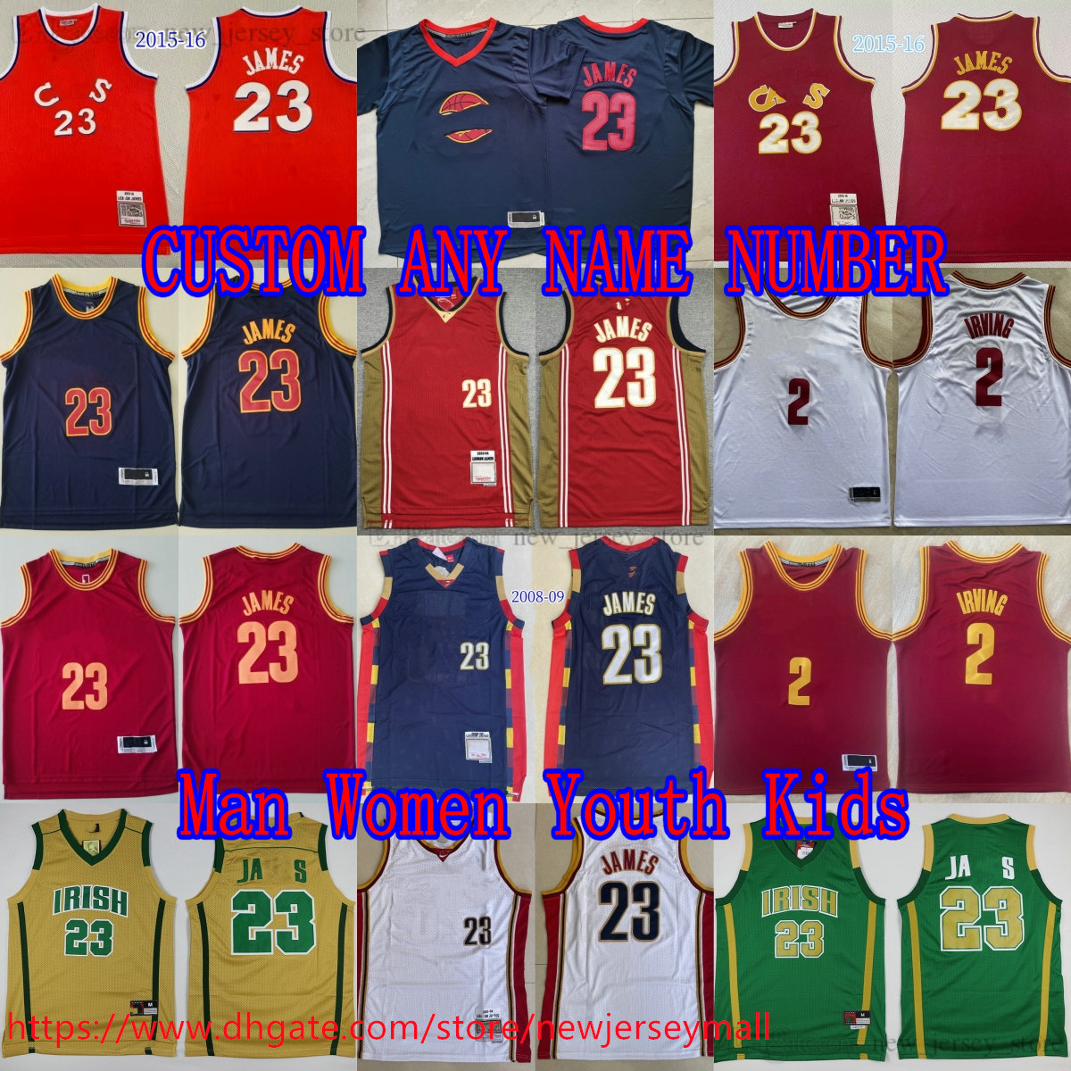 Custom S-6XL Throwback Lebron 2015-16 Basketball 23 James Jersey Classic Vintage 2 Kyrie Irving Retro High School James Breathable Sports Shirts 2008-09 Blue
