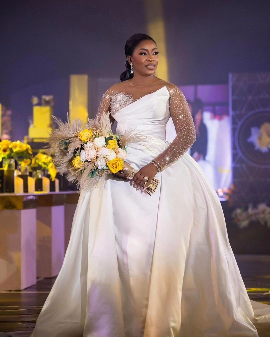 Fabulous Overskirt Wedding Dresses With Detachable Train Beaded Bridal Gowns Long Sleeves Sheer Bateau Neckline Sequined Satin Vestido De Novia