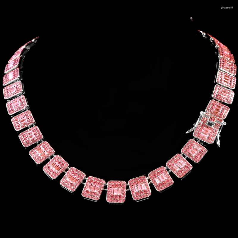 Chains 13mm Iced Out Baguette Pink Tennis Chain Necklace Bracelet For Women Men Paved Bg Square Crystal k Necklaces Hip Hop Jewelry Gift