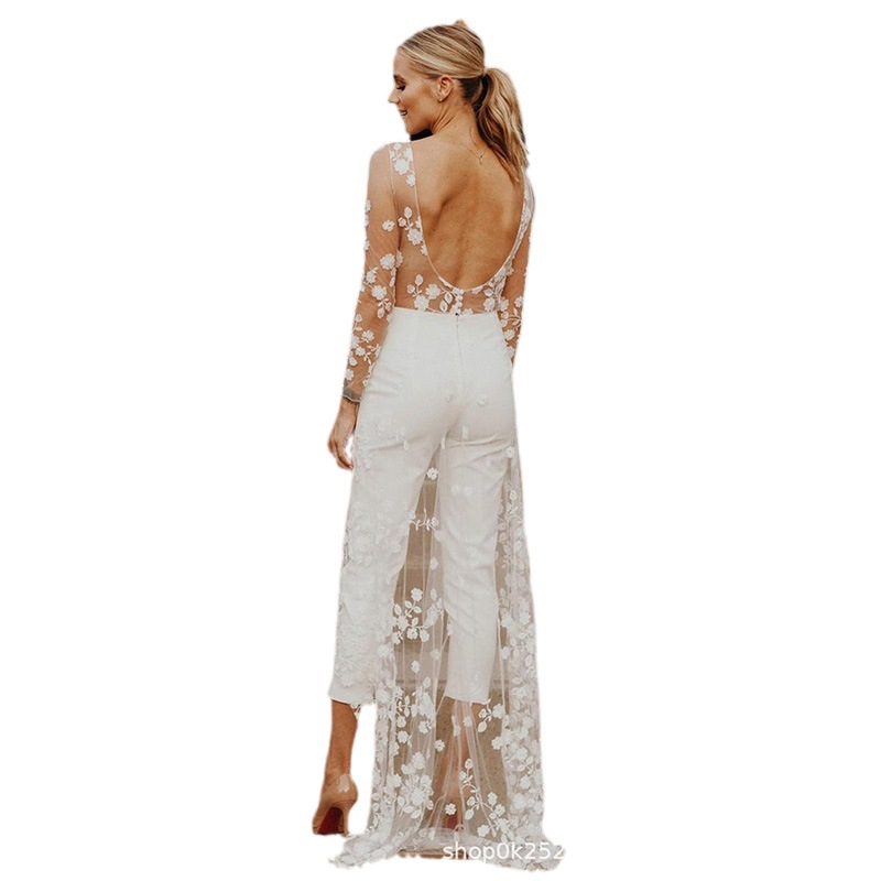Open Back Wedding Pant Suits For Women Long Sleeves Wedding Jumpsuits For Brides Lace O-neck Sweep Train Custom Made Bridal Gown Vestido De Noiva