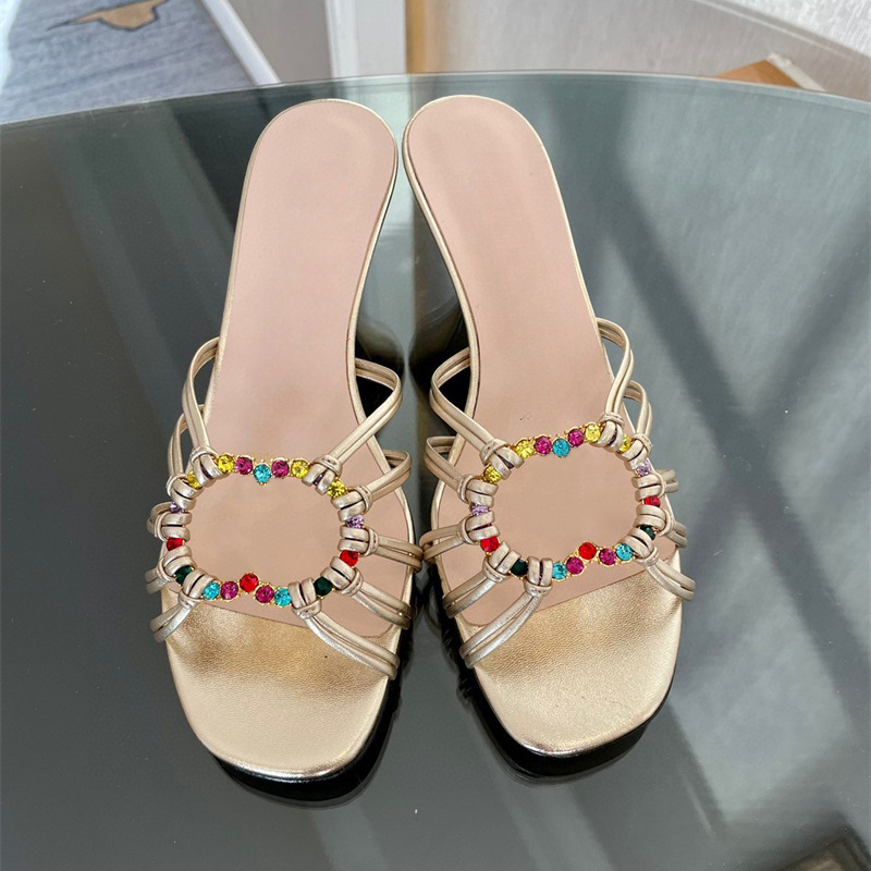 sandal 9cm heel lether crystal G round logo cross line style straps slipper beach shoes FH8831