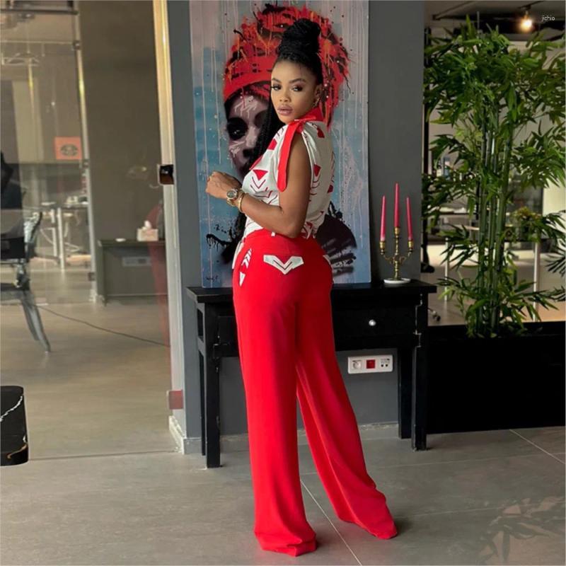 Womens Two Piece Pants Set 2024 Spring Summer Fashion Turn Down Collar Short Sleeve Shirt Strap Wide Leg Pant Elegant Outfits
