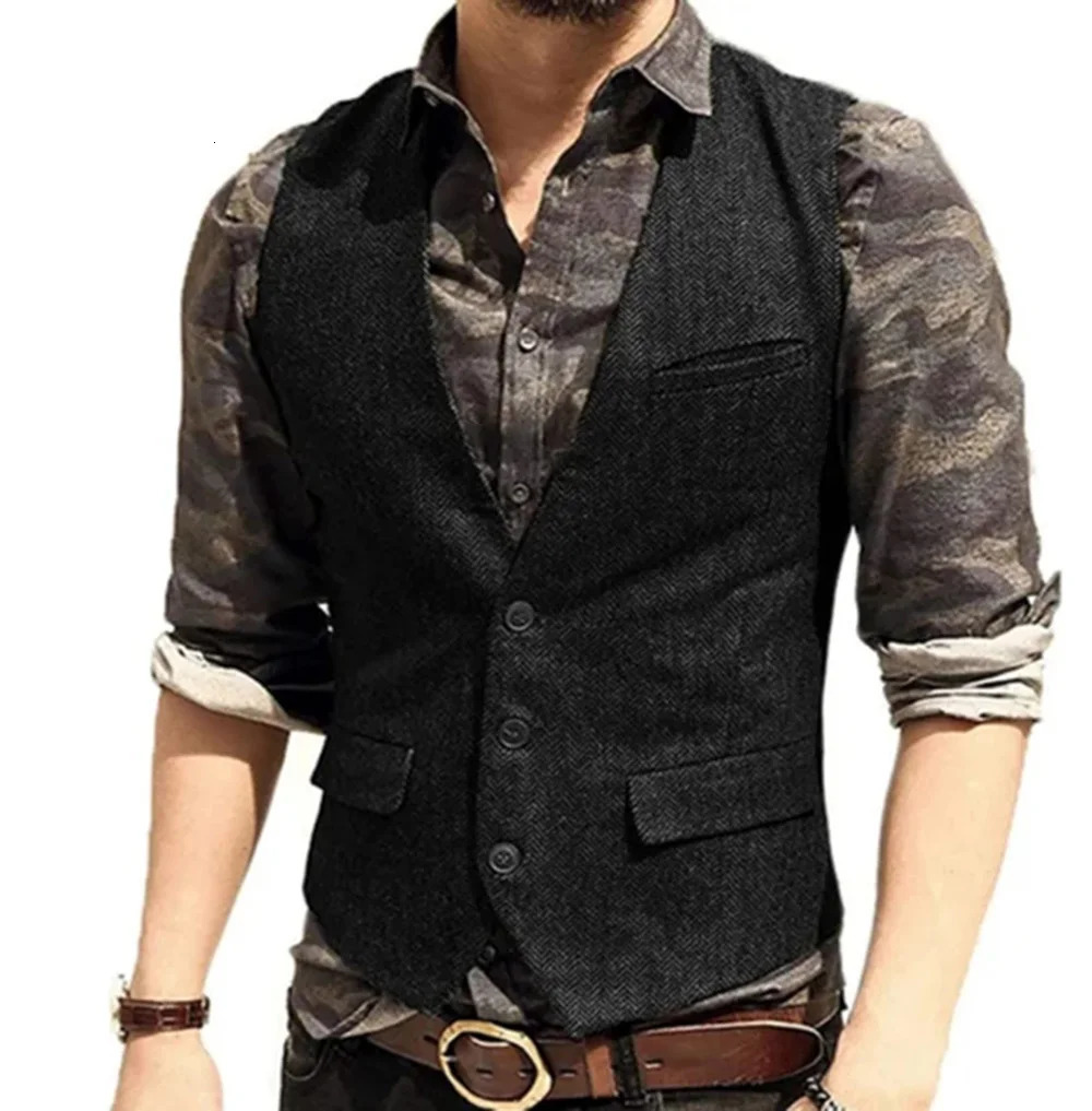 Men's Vests Black Flip Pocket Men Suit Vest V Neck Jacket Herringbone Tweed Business Waistcoat Wedding Groomman Clothing Victorian Steampunk 2311