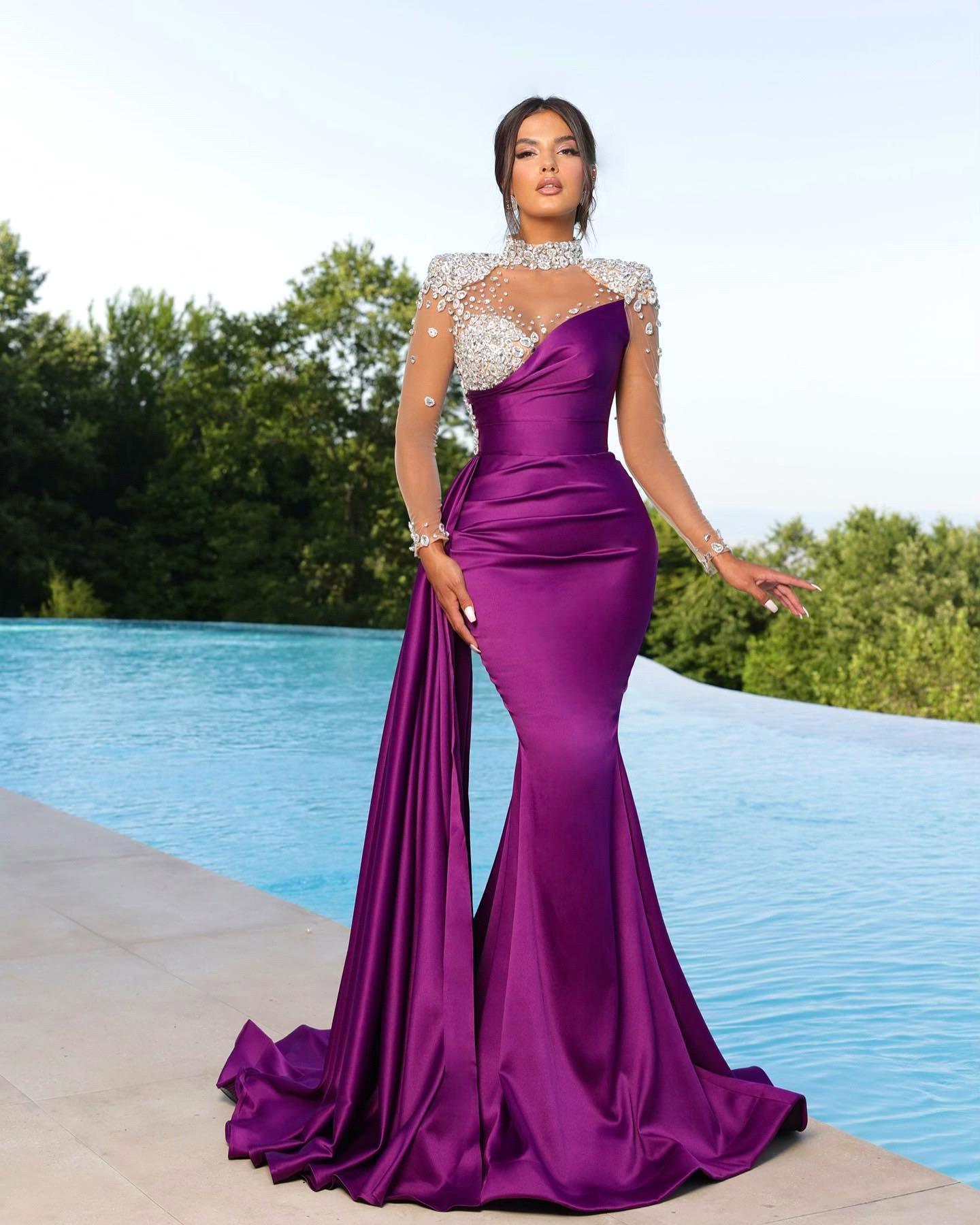 Peach Elegant Black Purple Mermaid Evening Dresses High Neck Sheer Appliques Beads Illusion Long Sleeve Pleats Ruffles Formal Ocn Prom Gowns BC