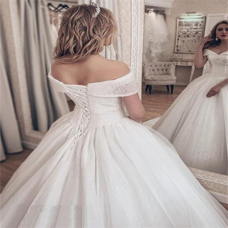 Princess Off Shoulders Wedding Dress 2024 Elegant Ball Gown Korean Country Style Garden Bridal Dress 2024 Sequin Bling Lace Up Corset Boho Bride Dress