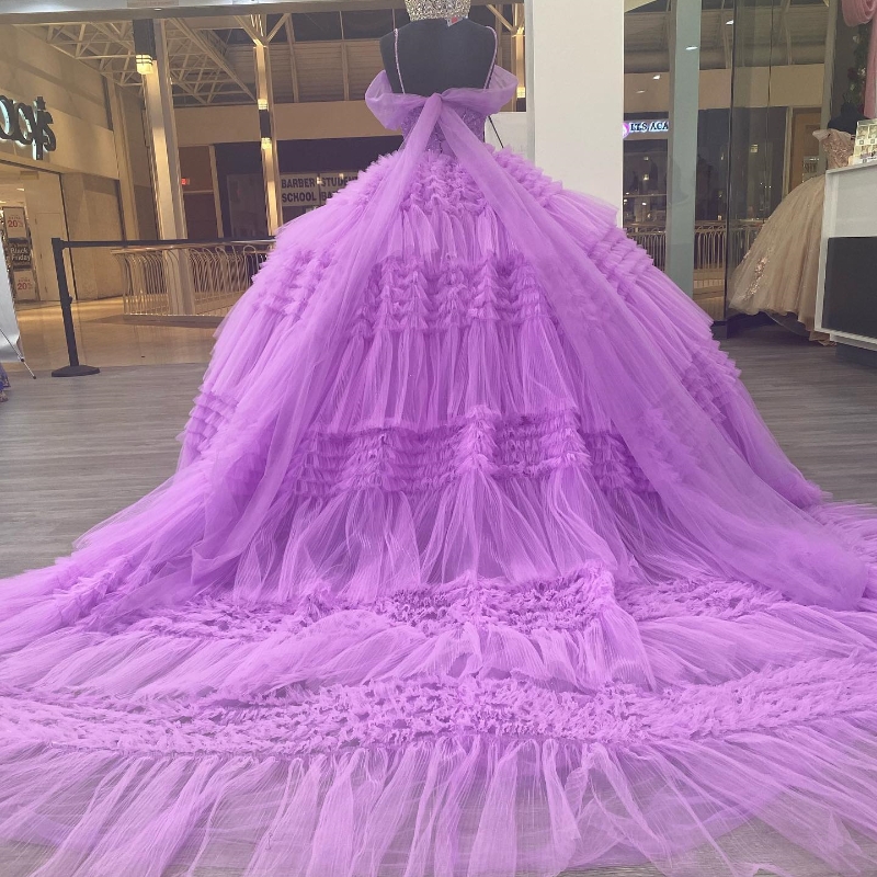 Lavender Ruffles Quinceanera Dress Spaghett Straps with Beads Tull Sleeveless Sweep Train Ball Gown Sweet 16 Dresses vestidos de 15