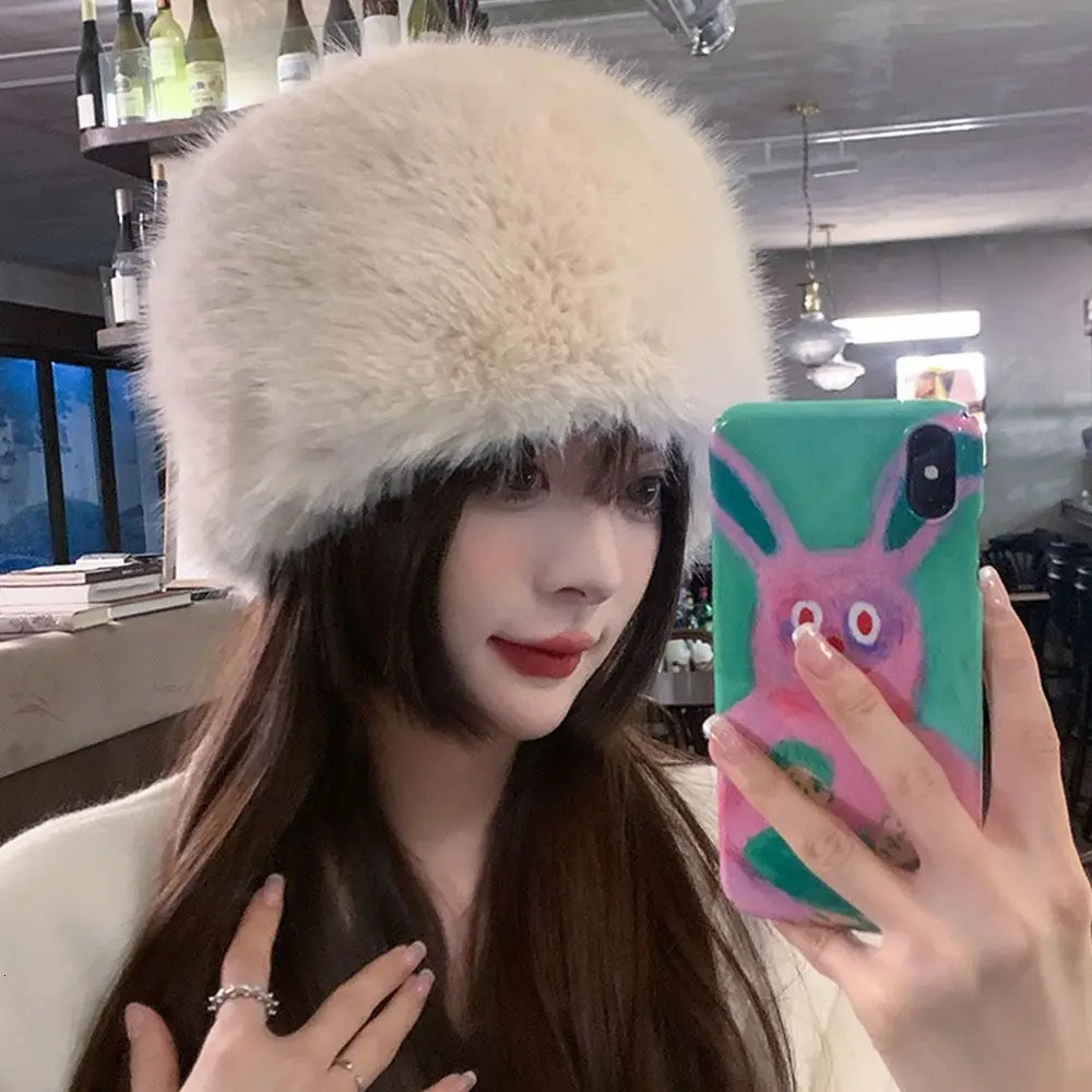Wide Brim Hats Bucket Hats Women Winter Warm Bucket Hat Faux Rabbit Fur Fisherman Cap Soft Furry Panama Hat Lady Outdoor Sun Cap Warmer 231201