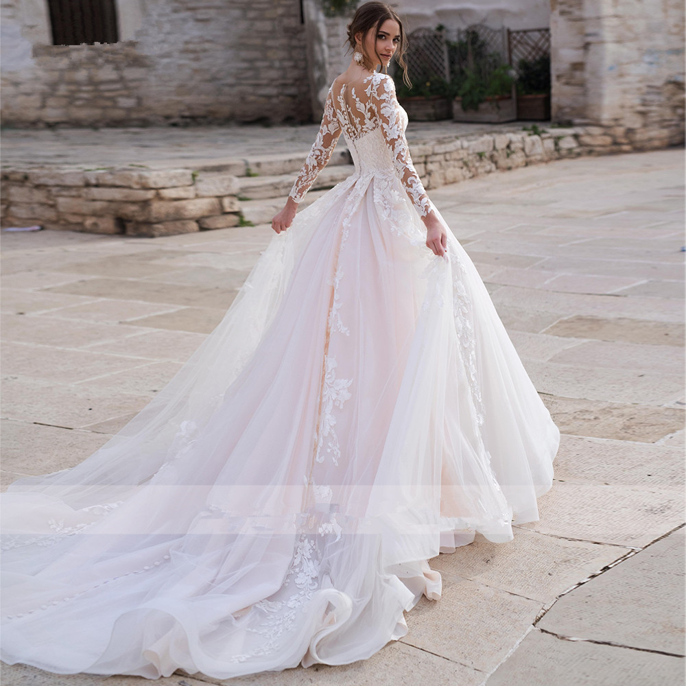 2024 Vintage A-line Wedding Dress Scoop Sheer Neck Long Sleeves Lace Appliques Tulle Bridal Formal Gowns Custom Made Vestidos De Novia Mariage