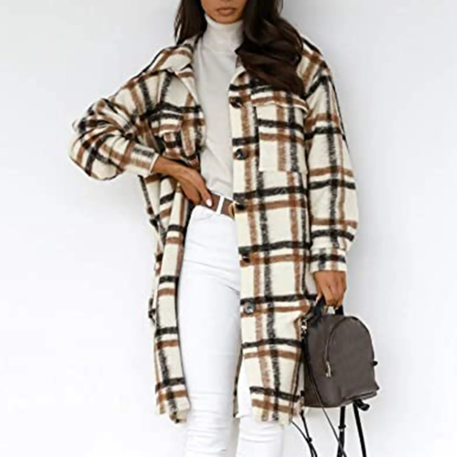 Women's Wool Blends Women's Outerwear Fashion Plaid Woolen Coat Long Sleeve Plaid Print Button Open Front Long Cardigan Outerwear 231101