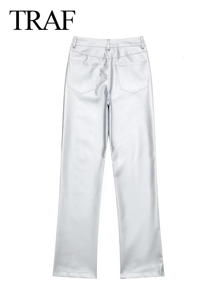 Women s Pants s TRAF 2023 Autumn Women Elegant HIgh Waist Silver Solid Wide Leg With Pocket Pant Woman Fashion Shiny Casual Loose 231201