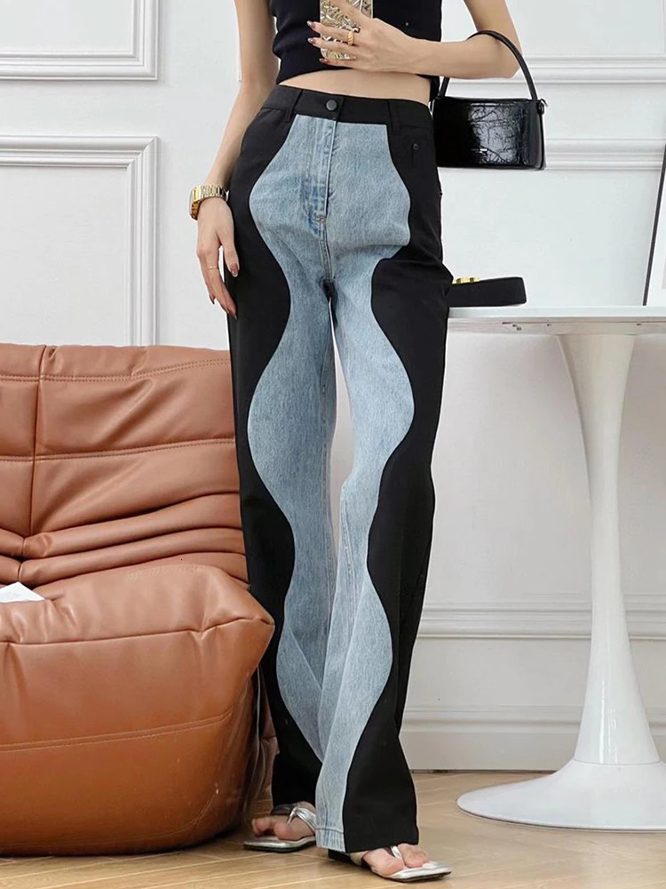 Women's Jeans DEAT Fashion Women's Jeasn High Waist Black Blue Wave Spliced Straight Tube Wide Leg Denim Pants Autumn 17A2517 231130