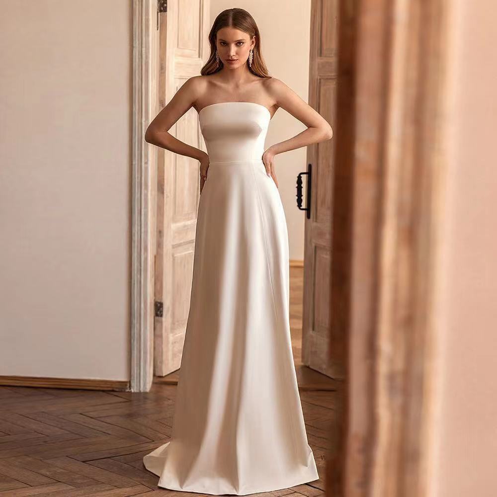2024 Modern A-line Long Wedding Dress With Sequin Wrap Strapless Sleeveless Satin Bridal Party Gowns Sweep Train Custom Made Vestidos De Novia
