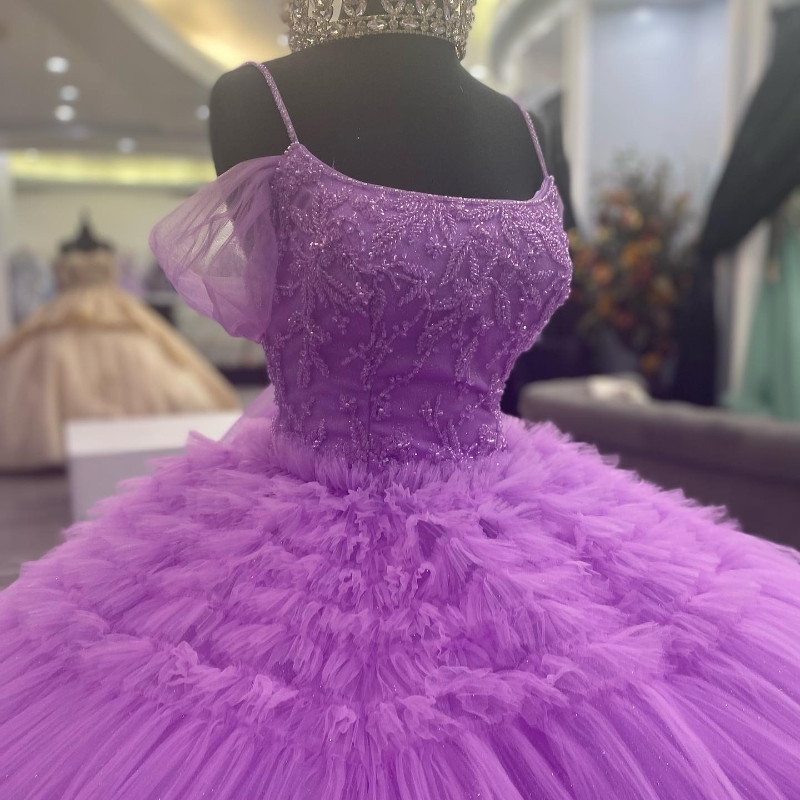 Lavender Ruffles Quinceanera Dress Spaghett Straps with Beads Tull Sleeveless Sweep Train Ball Gown Sweet 16 Dresses vestidos de 15