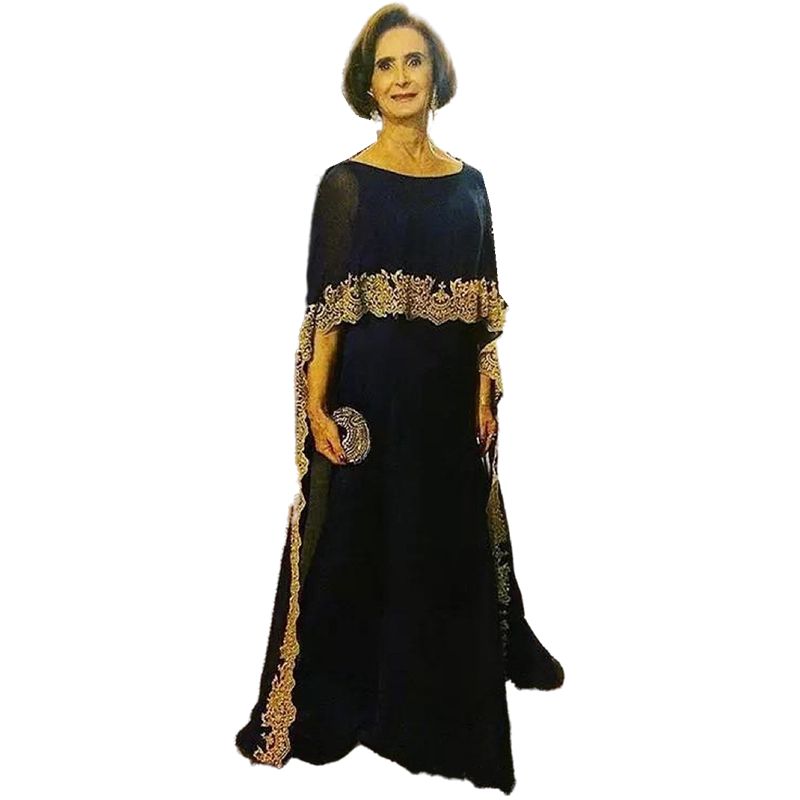 Elegant Arabic Cape Sleeve Mother Of The Bride Dresses Black A Line Plus Size Wedding Guest Gowns Gold Lace Appliqued Long Godmother Formal Dress