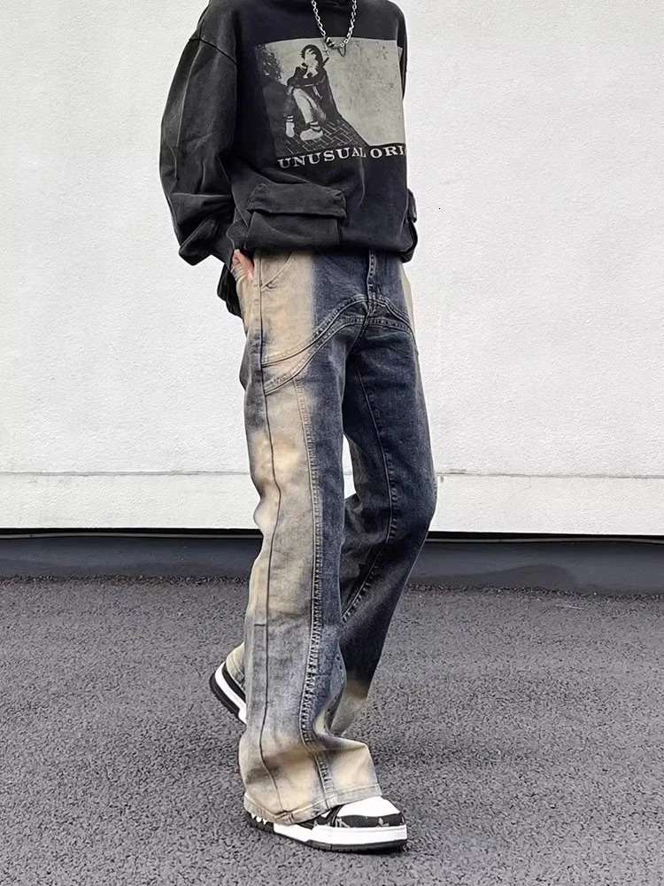 Men s Jeans Street Wear Irregular Patchwork Washed Vintage Distressed Slim Micro Flared Denim Pants Y2k Water Dyeing Horn Jean Hip Hop 231201