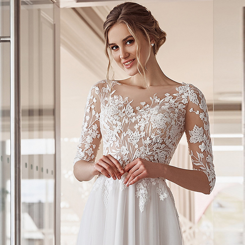 2024 Elegant A-line Wedding Dress Scoop Sheer Neck Half Sleeves Lace Appliques Tulle Bridal Formal Gowns Custom Made Vestidos De Novia Mariage