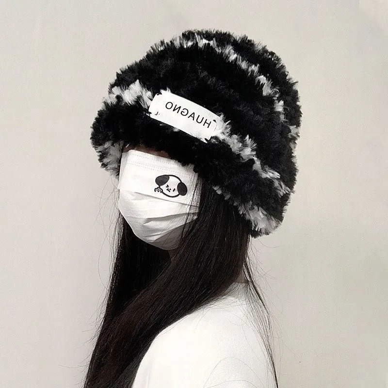 Beanie Skull Caps Striped Plush Beanies Hat Winter Warm Faux Fur Knit Cap for Female Lady Korean Fluffy Windproof Bucket Hats Bonnet Gorras 231130