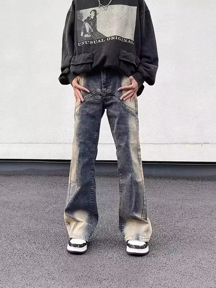 Men s Jeans Street Wear Irregular Patchwork Washed Vintage Distressed Slim Micro Flared Denim Pants Y2k Water Dyeing Horn Jean Hip Hop 231201
