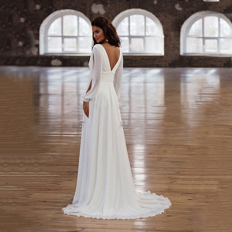 2024 Simple A-line Wedding Dress V-neck Open Back Long Silt Sleeves Chiffon Bridal Party Gowns Sexy Custom Made Summer Beach Vestidos De Novia