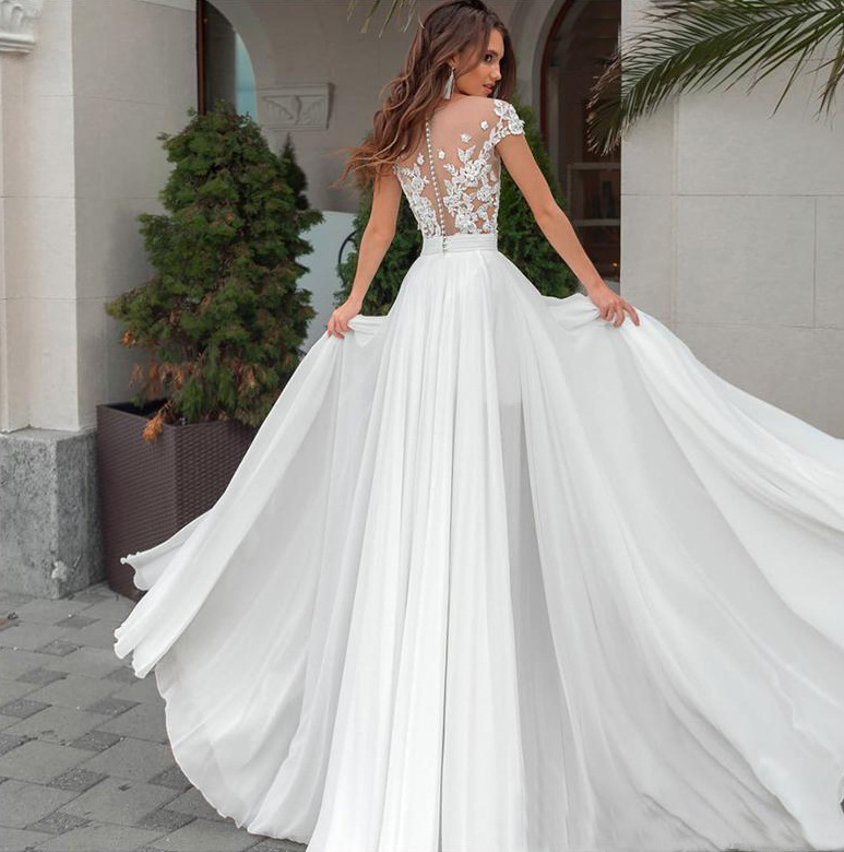 2024 Modest Summer Beach Wedding Dress Illusion Neck Cap Sleeves Lace Appliques Chiffon Women Bridal Gowns Sweep Train Custom Made Vestidos De Novia M