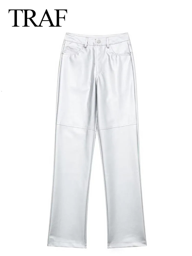 Women s Pants s TRAF 2023 Autumn Women Elegant HIgh Waist Silver Solid Wide Leg With Pocket Pant Woman Fashion Shiny Casual Loose 231201