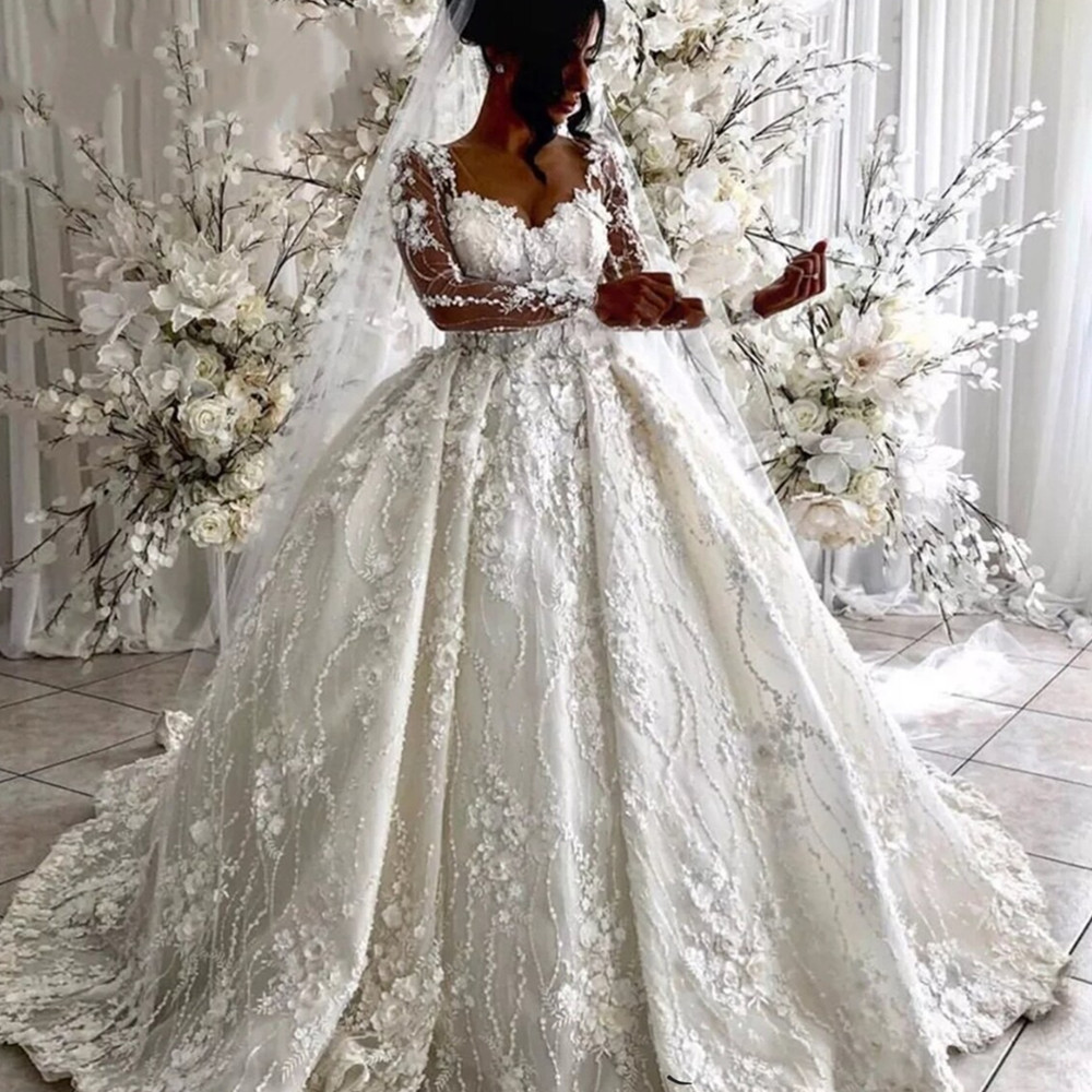 Luxurious Arabic Long Sleeves Wedding Dresses Illusion Crystal Beading Formal Bridal Gowns Robe de Mariee Custom Made