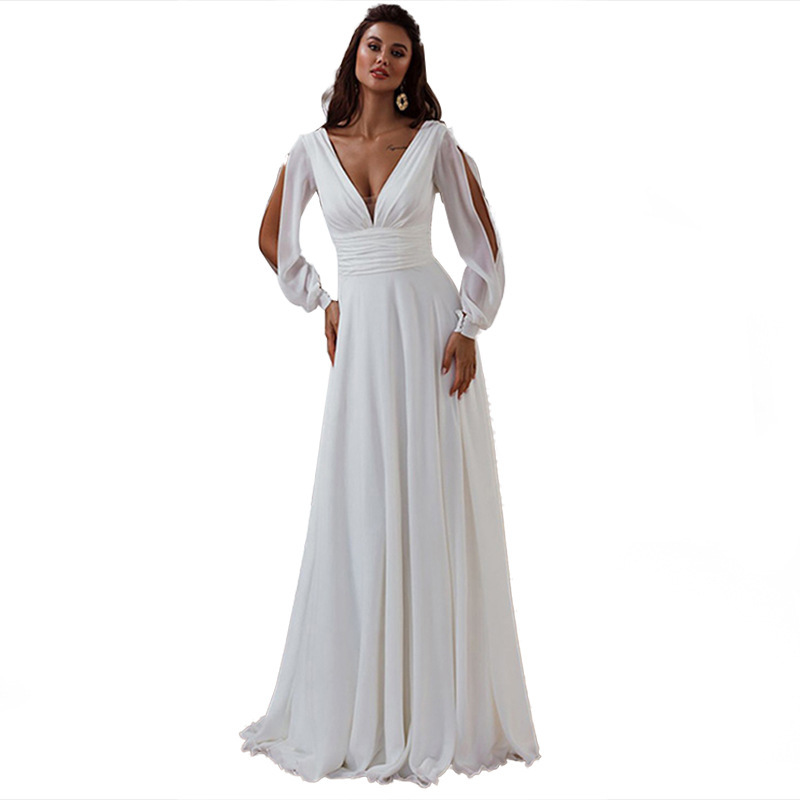 2024 Simple A-line Wedding Dress V-neck Open Back Long Silt Sleeves Chiffon Bridal Party Gowns Sexy Custom Made Summer Beach Vestidos De Novia