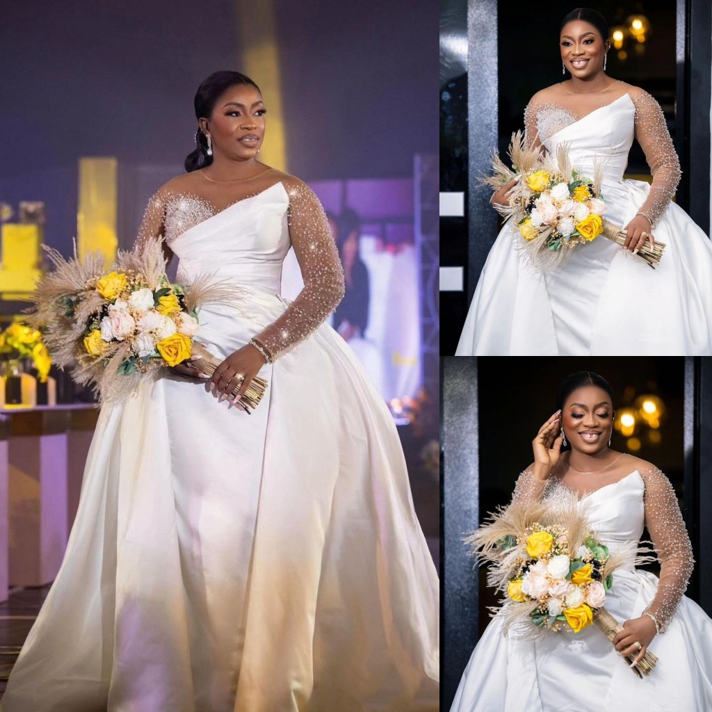 Fabulous Overskirt Wedding Dresses With Detachable Train Beaded Bridal Gowns Long Sleeves Sheer Bateau Neckline Sequined Satin Vestido De Novia