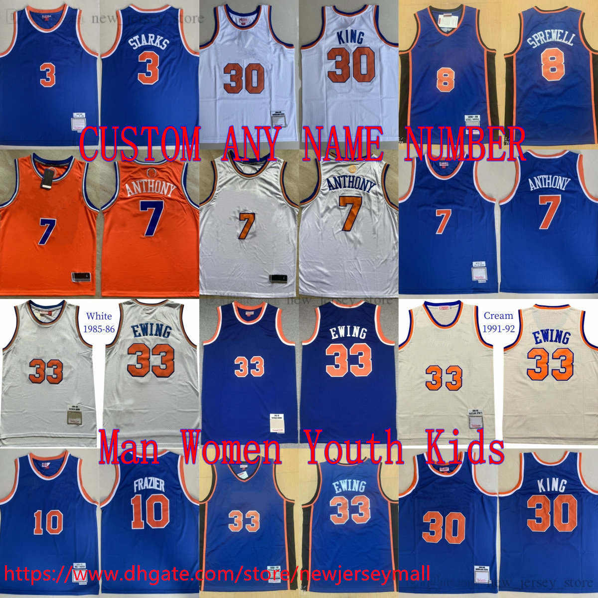 Custom XS-6XL Throwback 2012-13 Basketball 7 Anthony Jersey Stitched Retro Classic 33 Patrick Ewing John Starks Walt Frazier Latrell Sprewell Jerseys