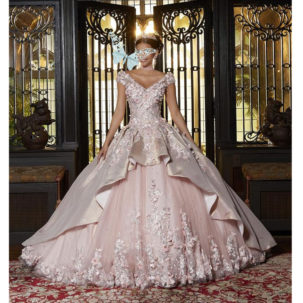 Pink Quinceanera Dress Ball Gown With Bow Off The Shoulder Flowers Butterfly Appliques Beading Corset Pageant Sweet 15 Party Birthday 03